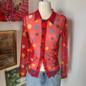 red sheer unif smiley face button up long sleeve shirt